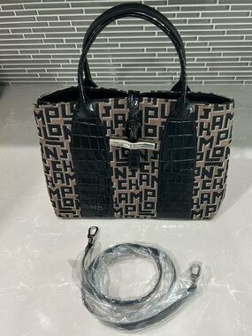 Longchamp Black and Brown Monogram Satchel with Croc Trim